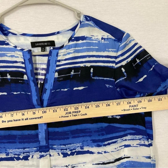 Lafayette 148 New York Blue Black Striped Y Neck 100% Silk Popover Top size 6 - Picture 6 of 10